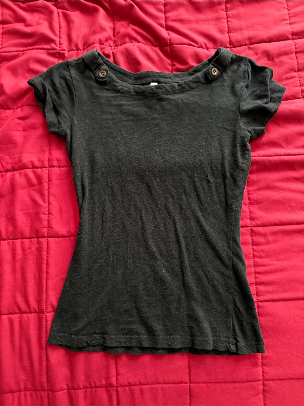 Color Story Black Heather Short Sleeve Top with Button Shoulder Detail
